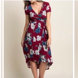 NWT! Burgundy High/ Low Faux Wrap Midi Dress